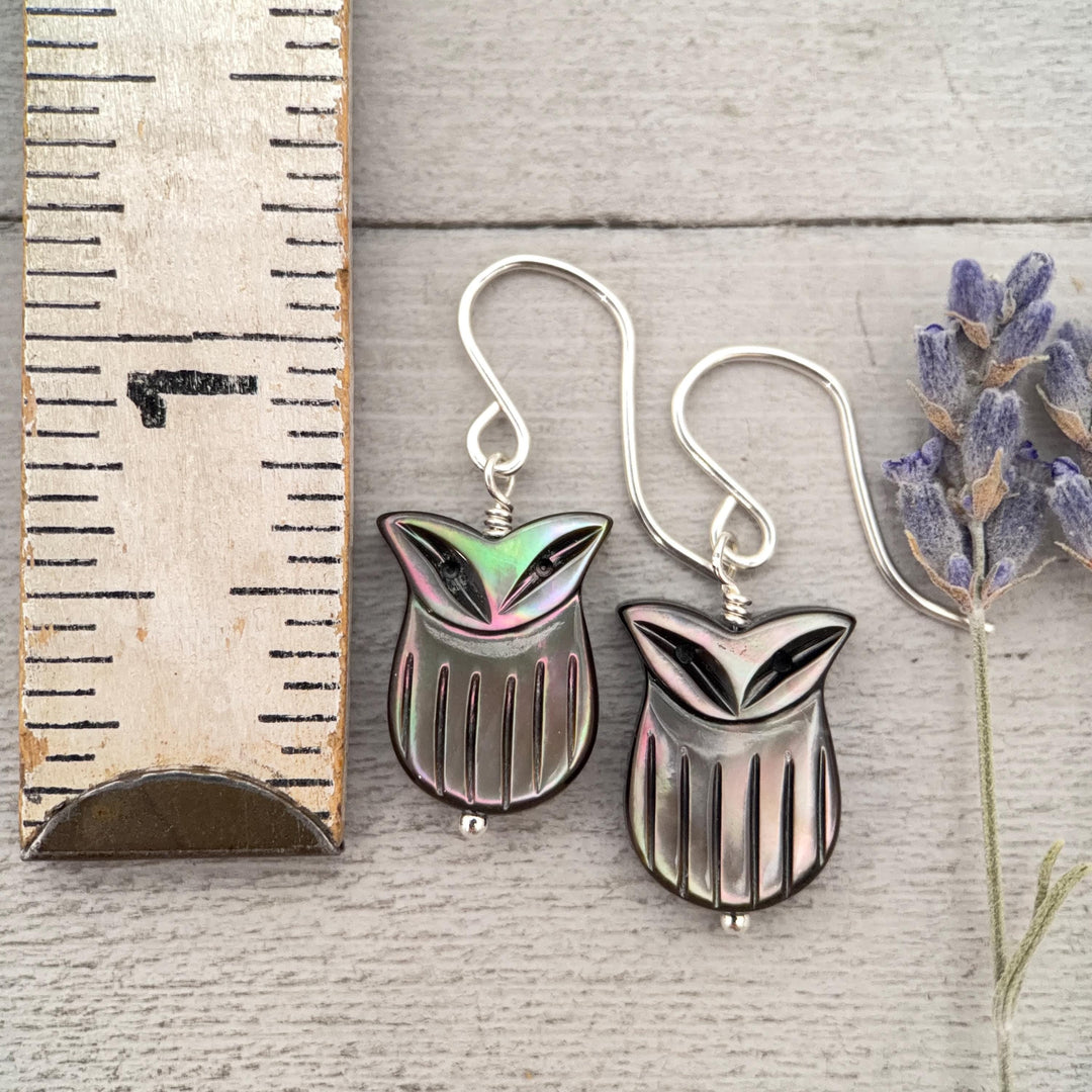 Owl Earrings, Black Lip Oyster Shell & Sterling Silver Dangles, Whimsigoth Jewelry, Iridescent Gothic Nature Jewelry - SunlightSilver