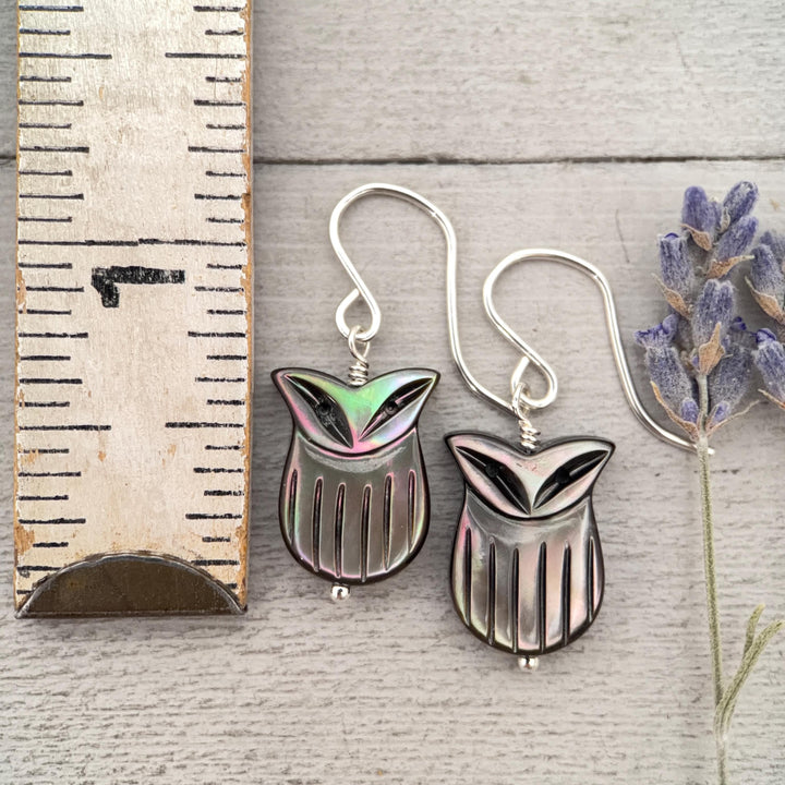 Owl Earrings, Black Lip Oyster Shell & Sterling Silver Dangles, Whimsigoth Jewelry, Iridescent Gothic Nature Jewelry - SunlightSilver