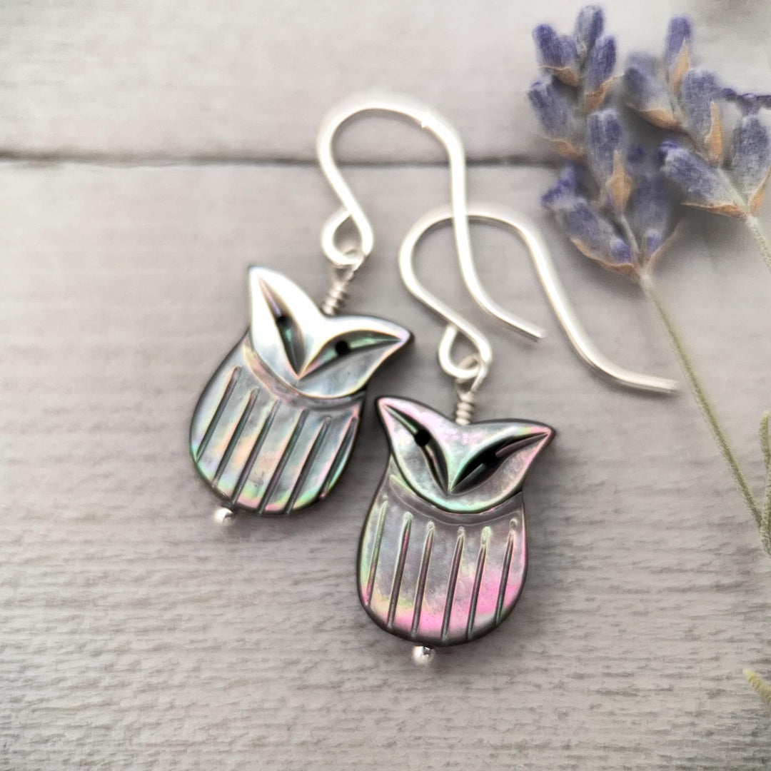 Owl Earrings, Black Lip Oyster Shell & Sterling Silver Dangles, Whimsigoth Jewelry, Iridescent Gothic Nature Jewelry - SunlightSilver