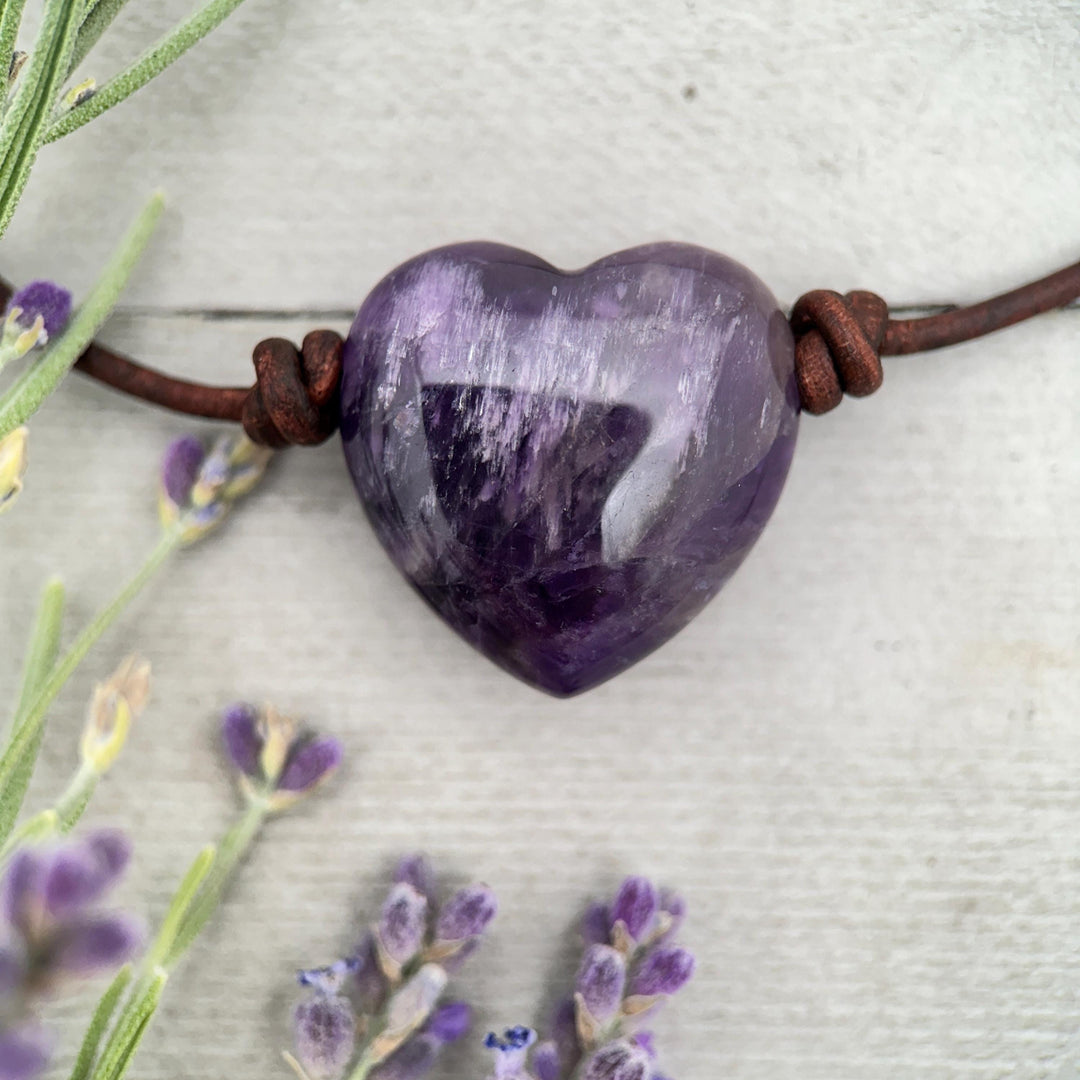Large Amethyst Pendant Necklace – Purple Gemstone Crystal on Rustic Leather – February Birthstone - LAST ONES - SunlightSilver