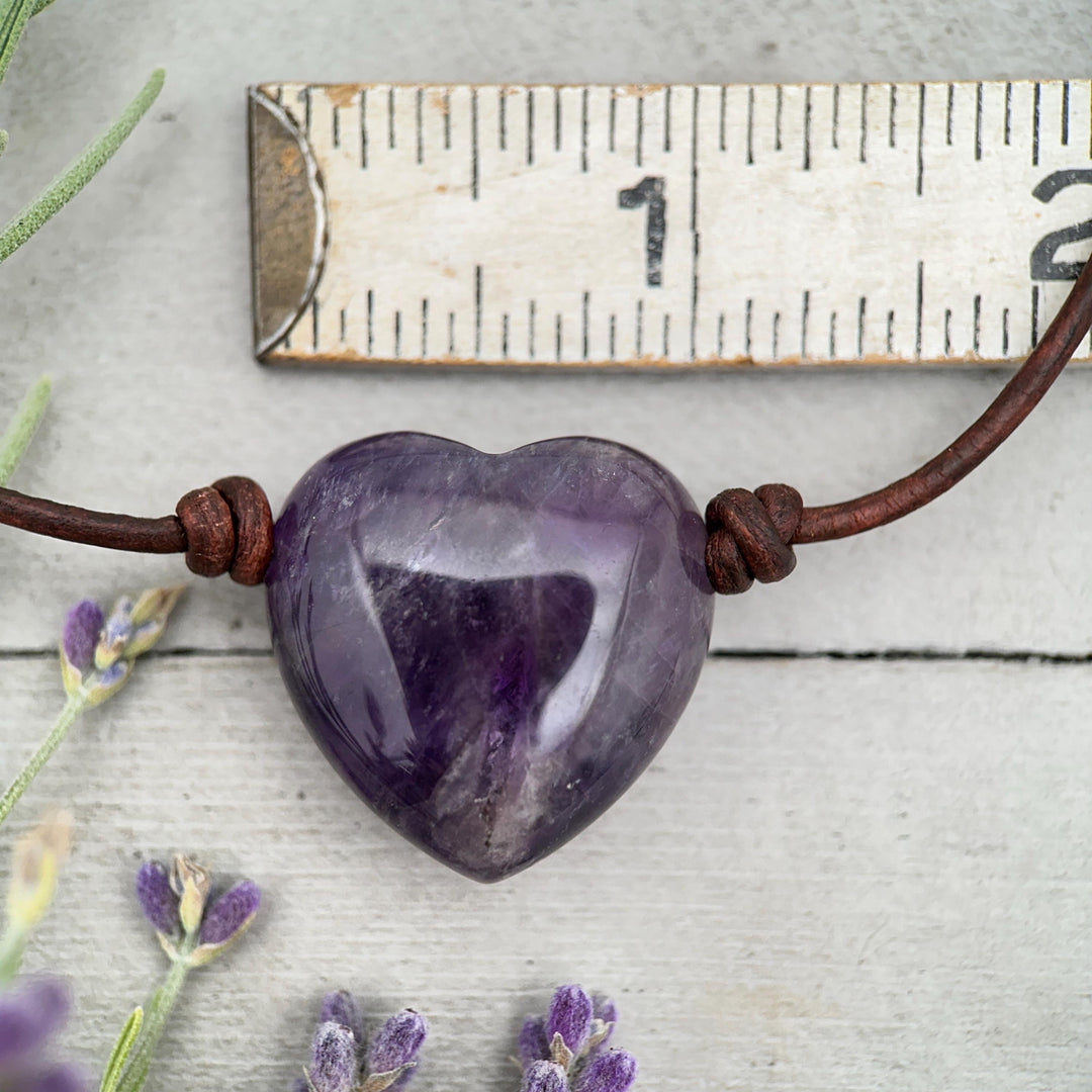 Large Amethyst Pendant Necklace – Purple Gemstone Crystal on Rustic Leather – February Birthstone - LAST ONES - SunlightSilver
