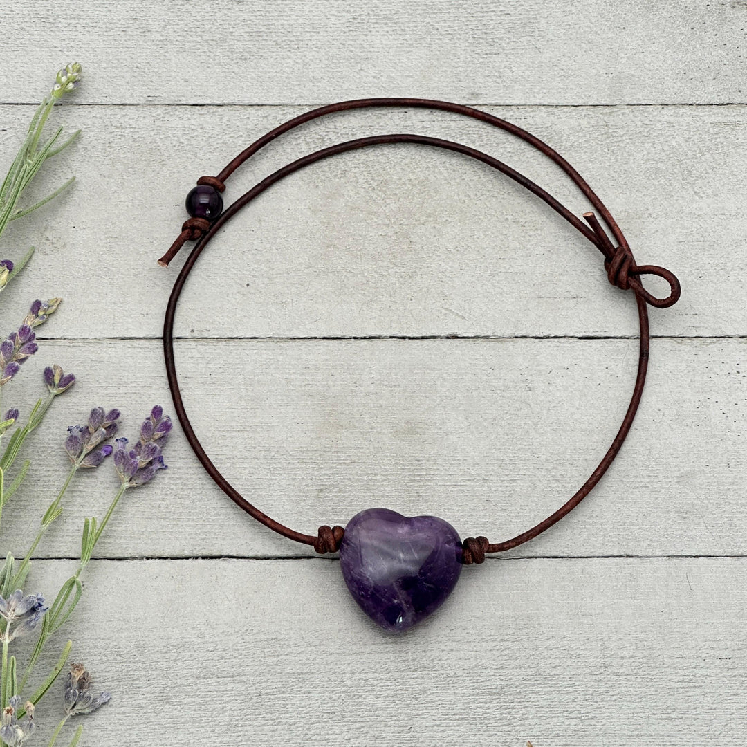 Large Amethyst Pendant Necklace – Purple Gemstone Crystal on Rustic Leather – February Birthstone - LAST ONES - SunlightSilver