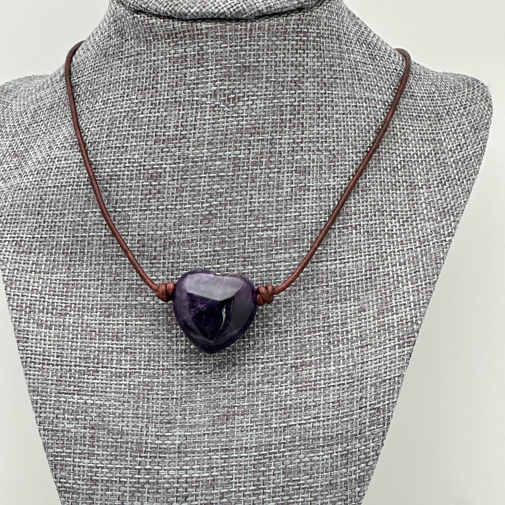 Large Amethyst Pendant Necklace – Purple Gemstone Crystal on Rustic Leather – February Birthstone - LAST ONES - SunlightSilver