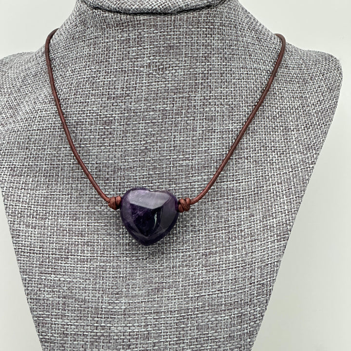 Large Amethyst Pendant Necklace – Purple Gemstone Crystal on Rustic Leather – February Birthstone - LAST ONES - SunlightSilver
