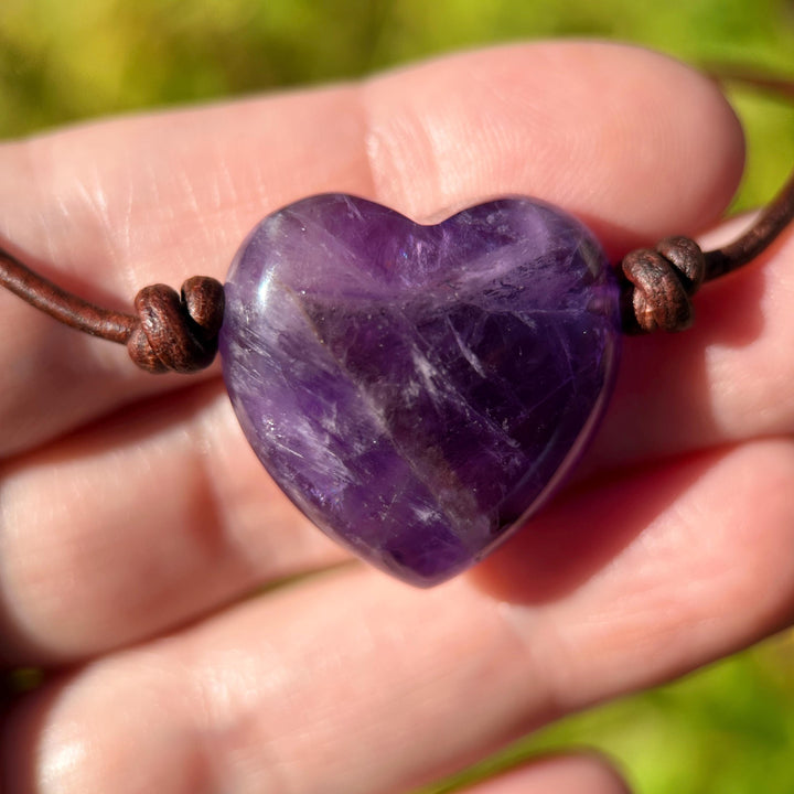 Large Amethyst Pendant Necklace – Purple Gemstone Crystal on Rustic Leather – February Birthstone - LAST ONES - SunlightSilver
