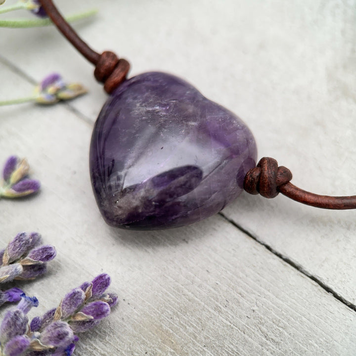 Large Amethyst Pendant Necklace – Purple Gemstone Crystal on Rustic Leather – February Birthstone - LAST ONES - SunlightSilver