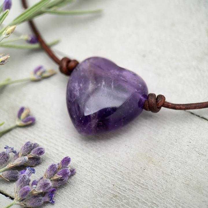 Large Amethyst Pendant Necklace – Purple Gemstone Crystal on Rustic Leather – February Birthstone - LAST ONES - SunlightSilver