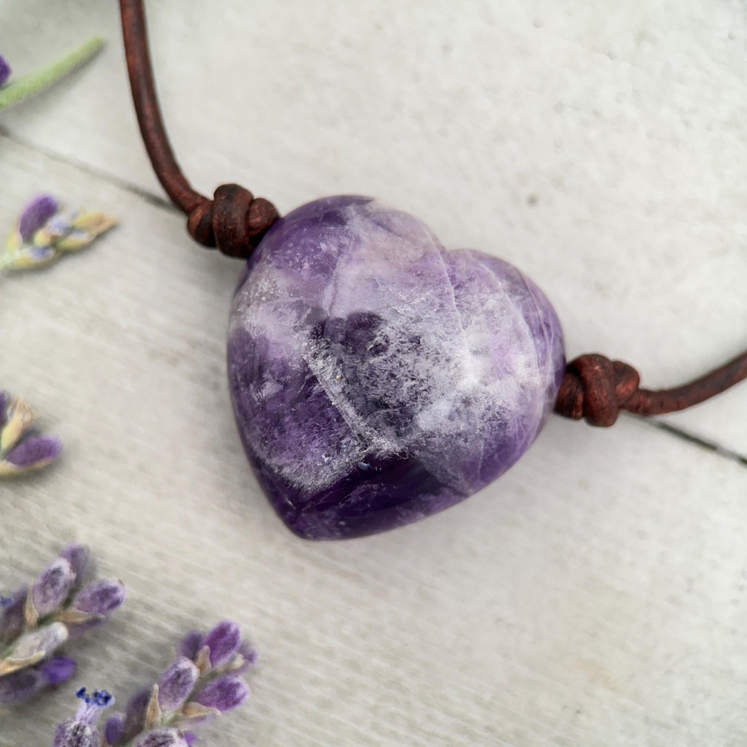 Large Amethyst Pendant Necklace – Purple Gemstone Crystal on Rustic Leather – February Birthstone - LAST ONES - SunlightSilver