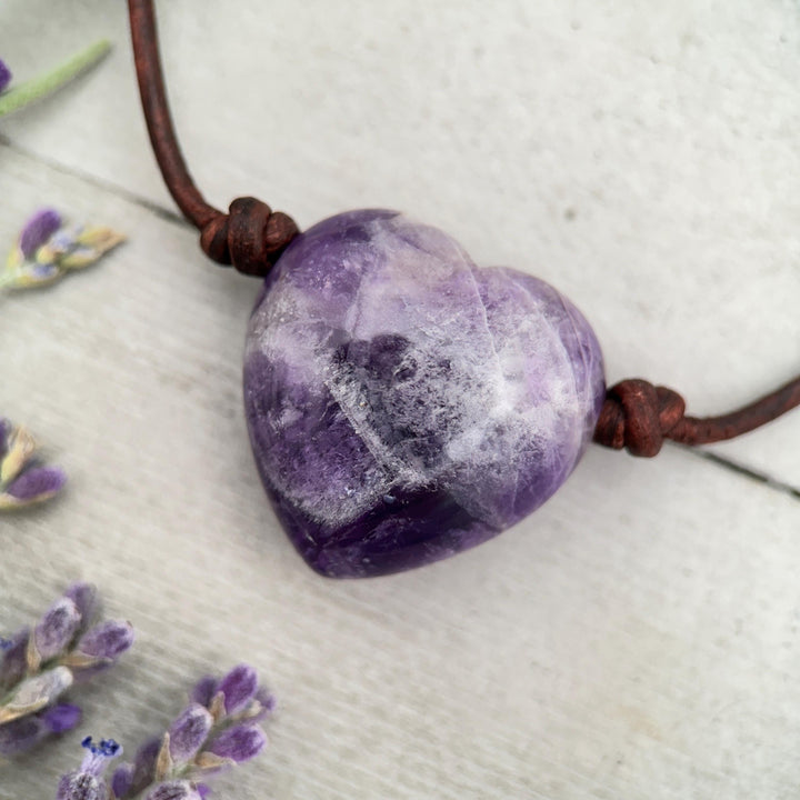 Large Amethyst Pendant Necklace – Purple Gemstone Crystal on Rustic Leather – February Birthstone - LAST ONES - SunlightSilver