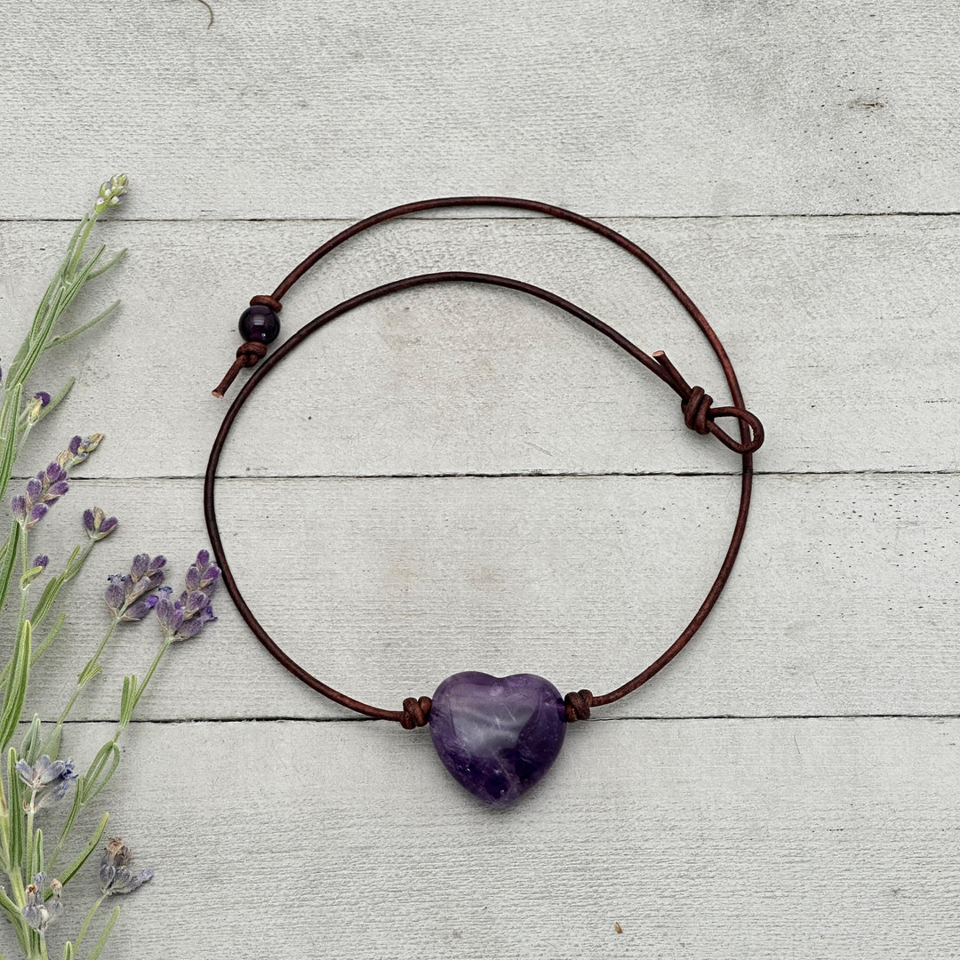 Large Amethyst Pendant Necklace – Purple Gemstone Crystal on Rustic Leather – February Birthstone - LAST ONES - SunlightSilver