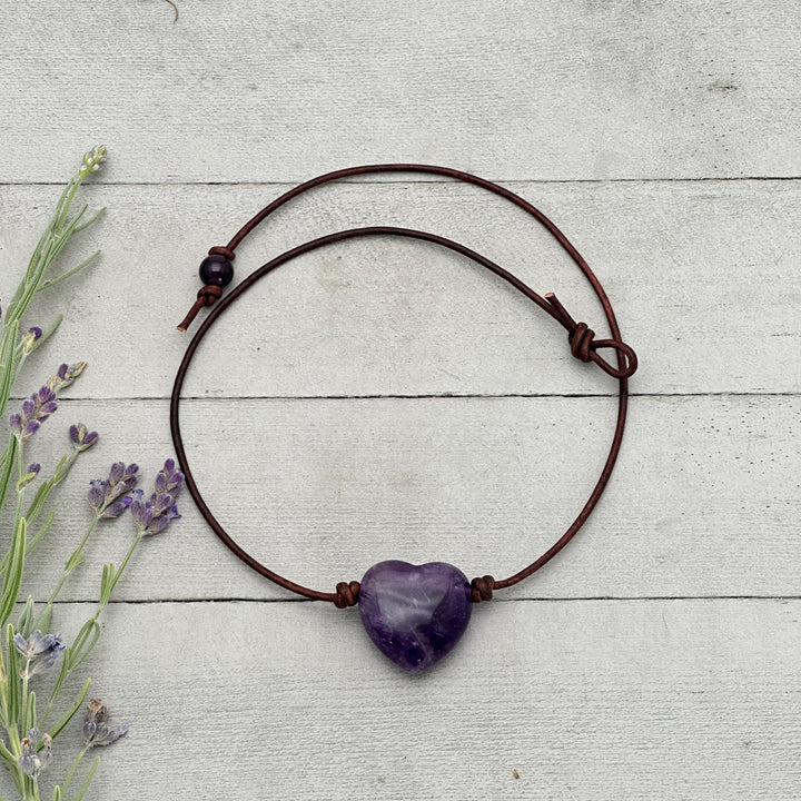 Large Amethyst Pendant Necklace – Purple Gemstone Crystal on Rustic Leather – February Birthstone - LAST ONES - SunlightSilver