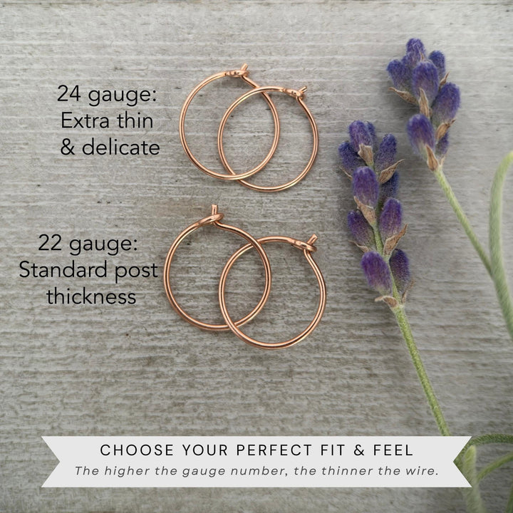 Little Rose Gold Hoops | 14K Rose Huggie Tiny Sleeper Earrings | 24/7 Hypoallergenic - SunlightSilver