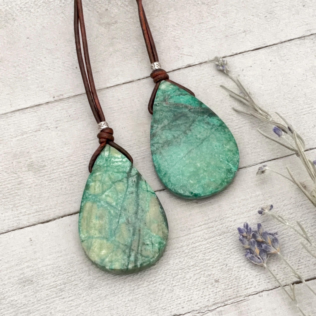 Chrysocolla, Sterling Silver, and Leather Necklace - SunlightSilver