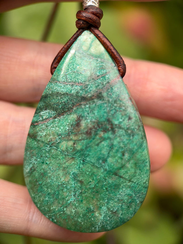 Chrysocolla, Sterling Silver, and Leather Necklace - SunlightSilver