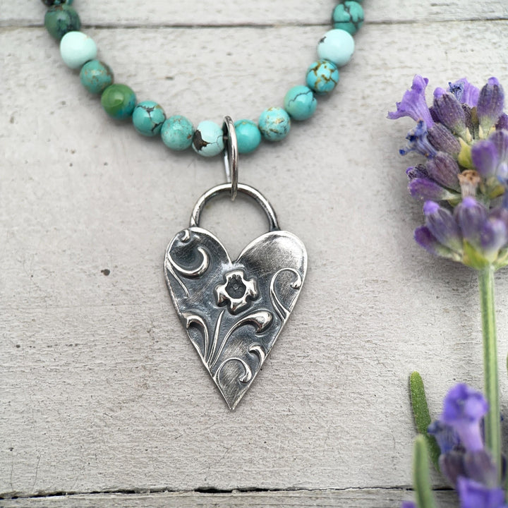 Sterling Silver Heart Pendant – Floral Textured Charm – Handmade Silver Jewelry – Gift for Her - SunlightSilver
