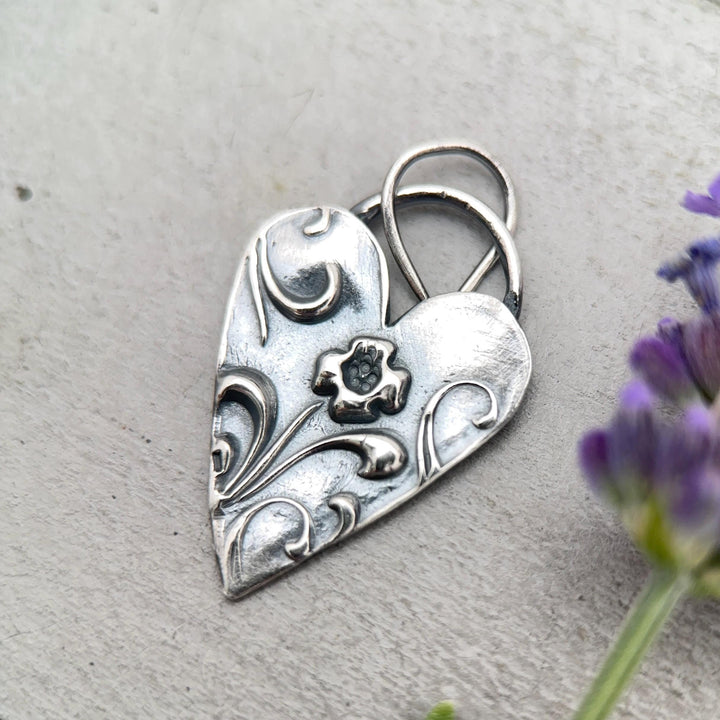 Sterling Silver Heart Pendant – Floral Textured Charm – Handmade Silver Jewelry – Gift for Her - SunlightSilver