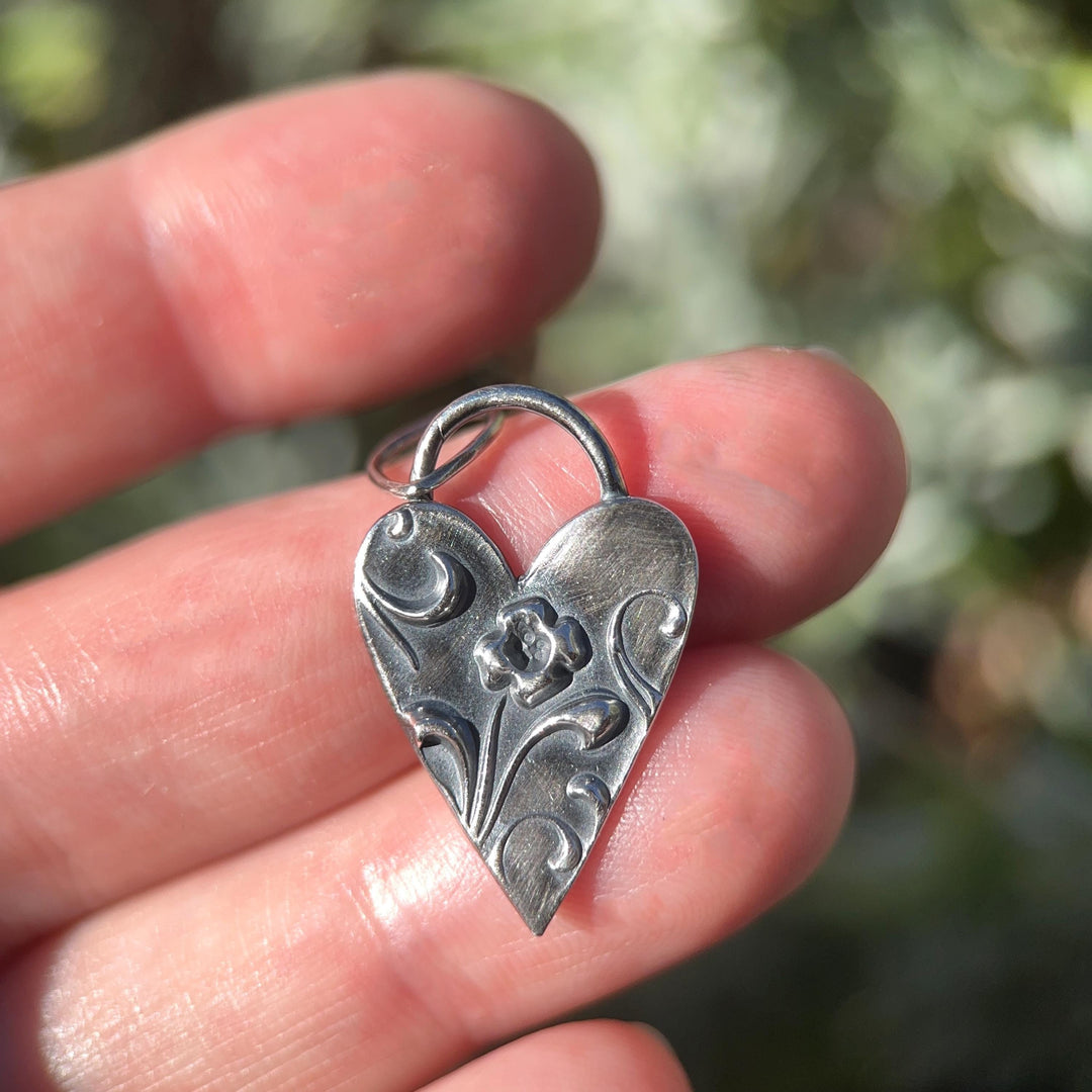 Sterling Silver Heart Pendant – Floral Textured Charm – Handmade Silver Jewelry – Gift for Her - SunlightSilver