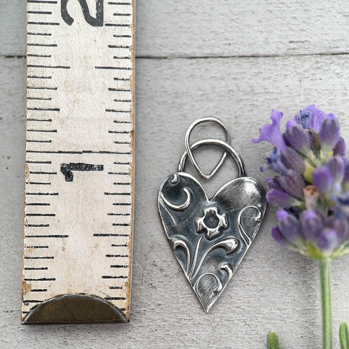 Sterling Silver Heart Pendant – Floral Textured Charm – Handmade Silver Jewelry – Gift for Her - SunlightSilver