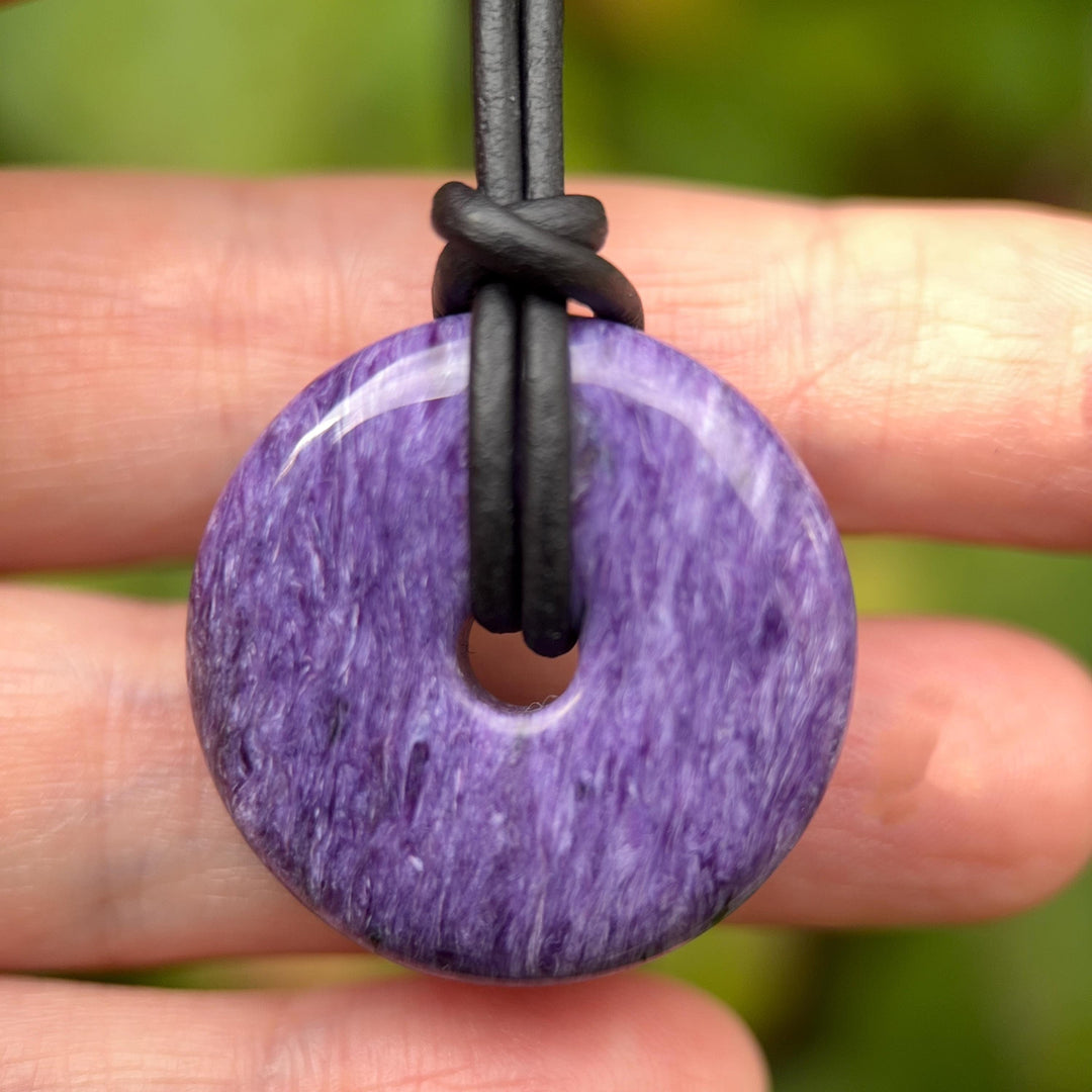 Purple Charoite and Black Leather Choker Necklace - SunlightSilver