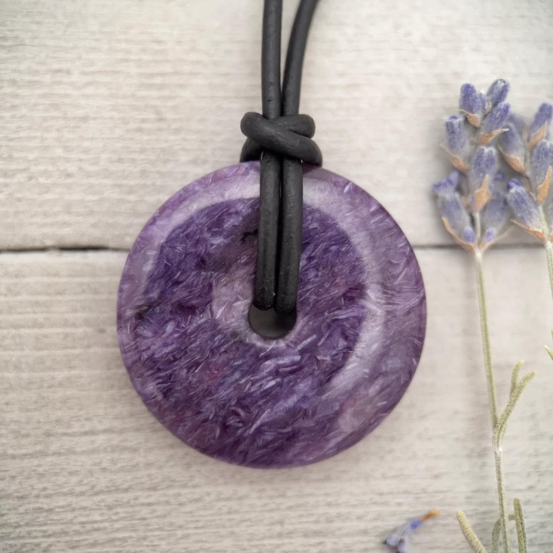 Purple Charoite and Black Leather Choker Necklace - SunlightSilver
