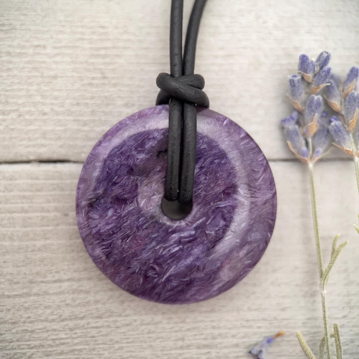 Purple Charoite and Black Leather Choker Necklace - SunlightSilver