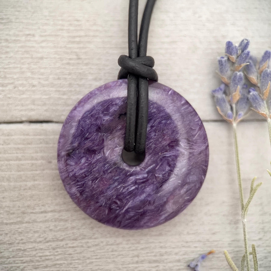 Purple Charoite and Black Leather Choker Necklace - SunlightSilver