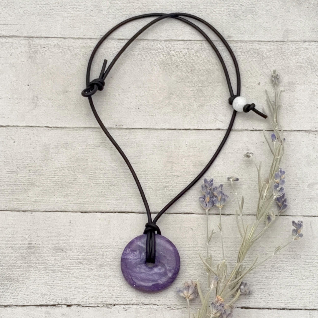 Purple Charoite and Black Leather Choker Necklace - SunlightSilver