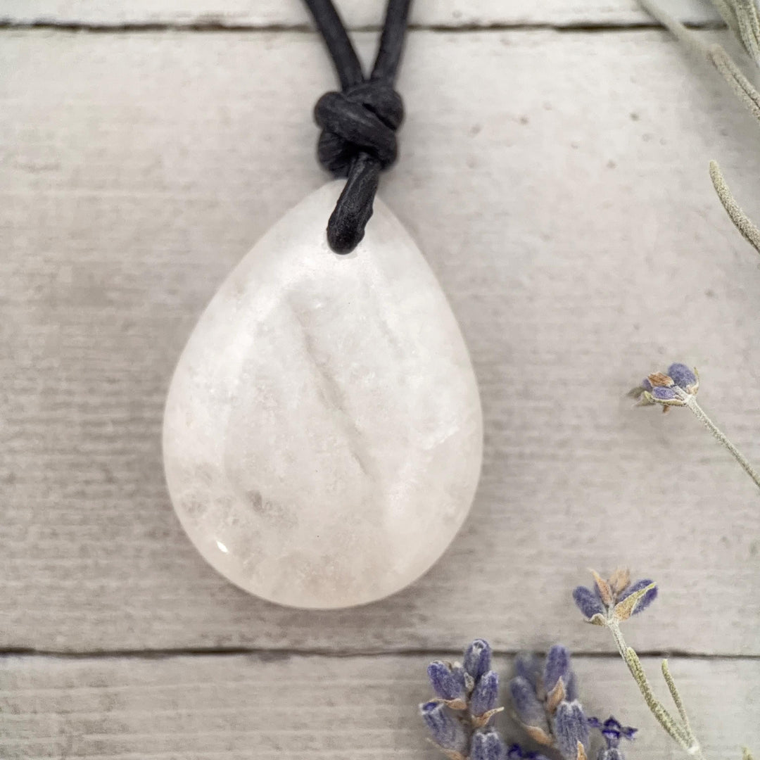 Crystal Quartz Point Pendant Leather Necklace - SunlightSilver