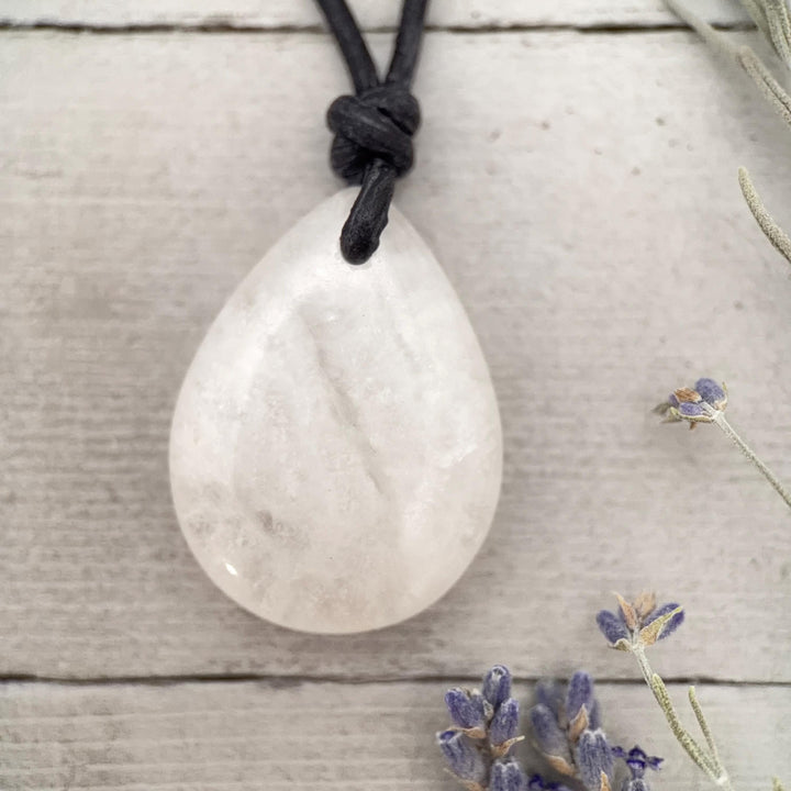 Crystal Quartz Point Pendant Leather Necklace - SunlightSilver