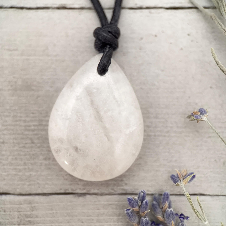 Crystal Quartz Point Pendant Leather Necklace - SunlightSilver