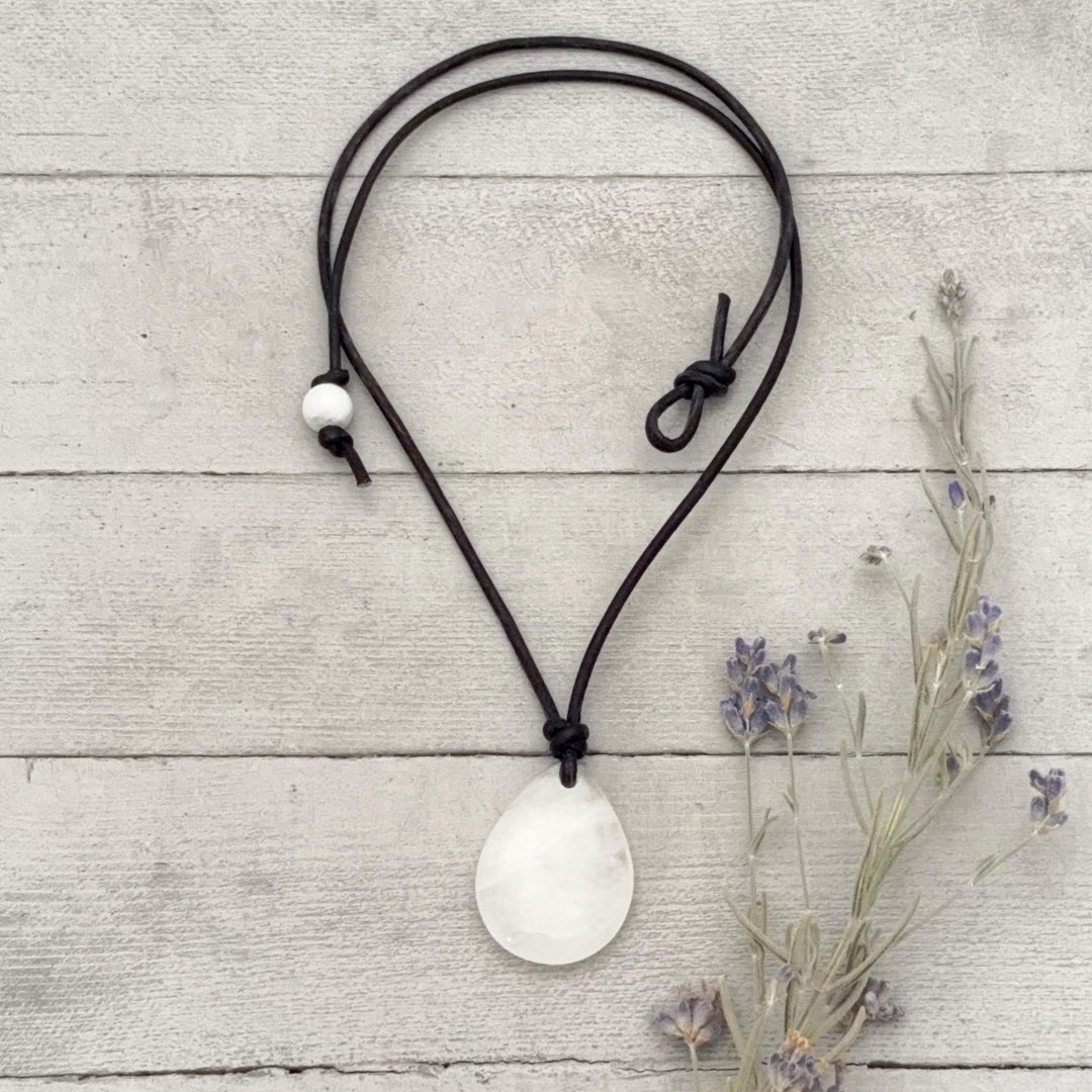 Crystal Quartz Point Pendant Leather Necklace - SunlightSilver