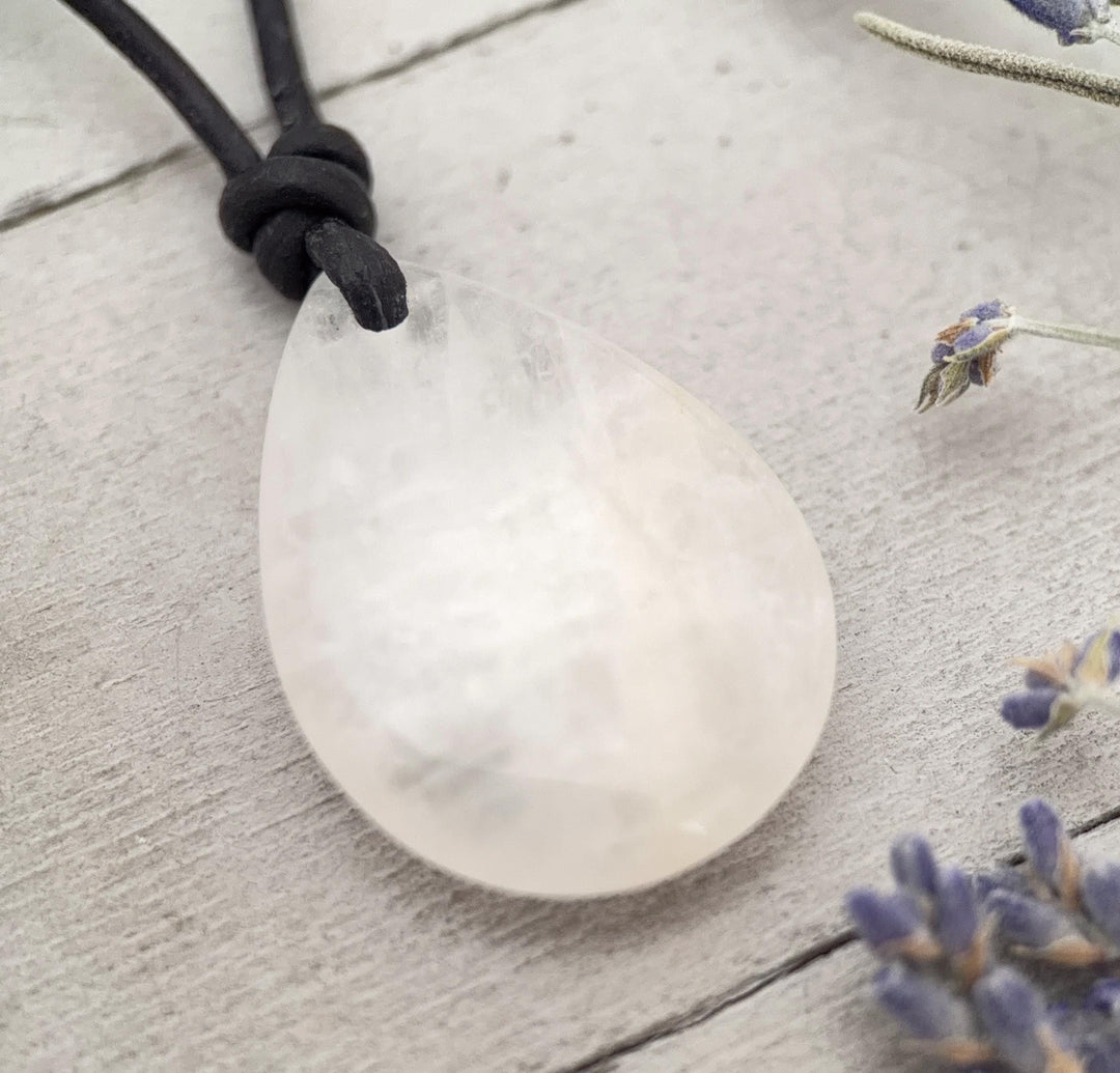 Crystal Quartz Point Pendant Leather Necklace - SunlightSilver