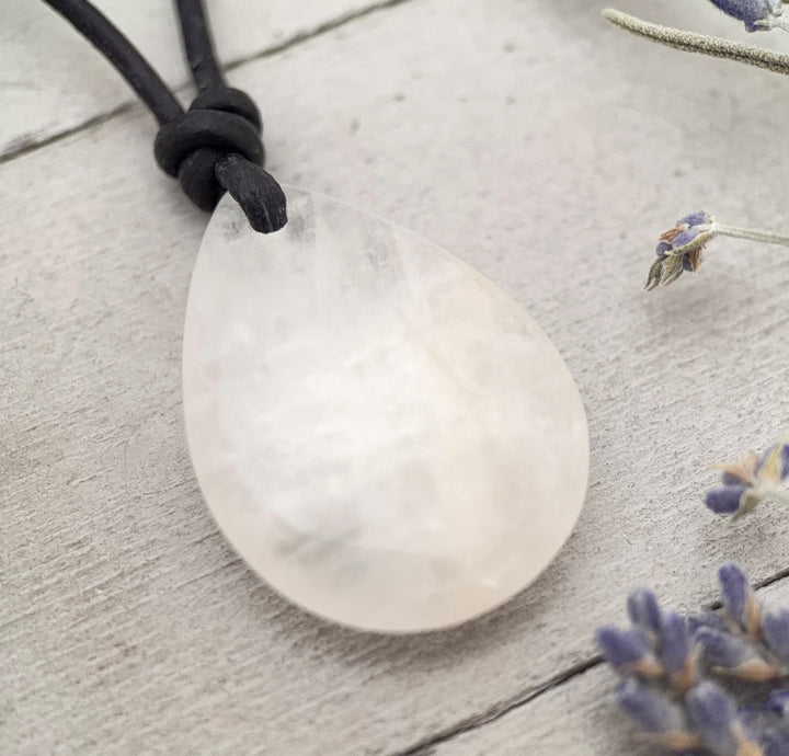 Crystal Quartz Point Pendant Leather Necklace - SunlightSilver
