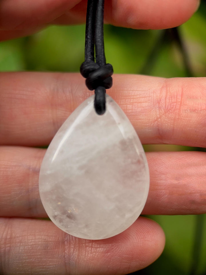 Crystal Quartz Point Pendant Leather Necklace - SunlightSilver