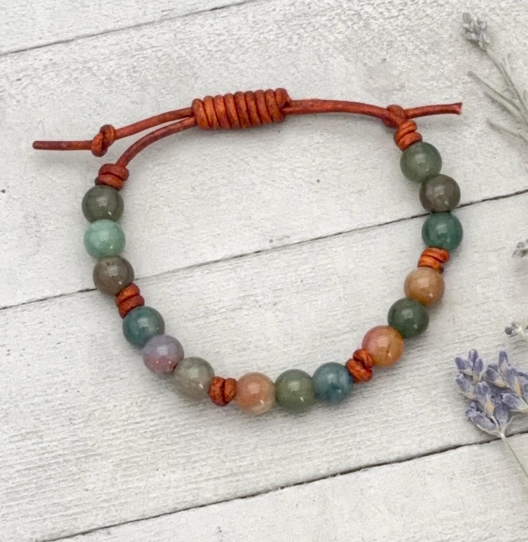 Indian Agate Bracelet | Adjustable Gemstone, Rustic Brown Leather Jewelry for Men or Women, Natural Earth Tone Jewelry - SunlightSilver