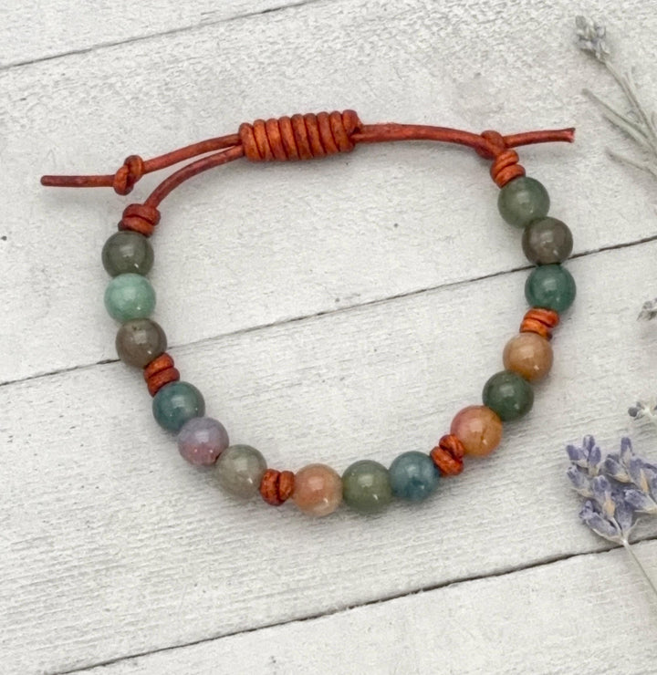Indian Agate Bracelet | Adjustable Gemstone, Rustic Brown Leather Jewelry for Men or Women, Natural Earth Tone Jewelry - SunlightSilver