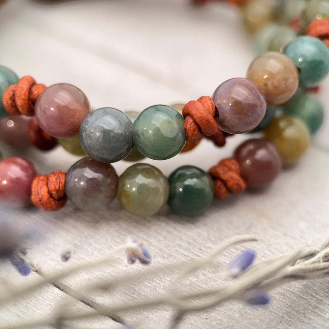Indian Agate Bracelet | Adjustable Gemstone, Rustic Brown Leather Jewelry for Men or Women, Natural Earth Tone Jewelry - SunlightSilver
