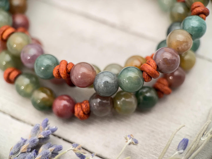 Indian Agate Bracelet | Adjustable Gemstone, Rustic Brown Leather Jewelry for Men or Women, Natural Earth Tone Jewelry - SunlightSilver