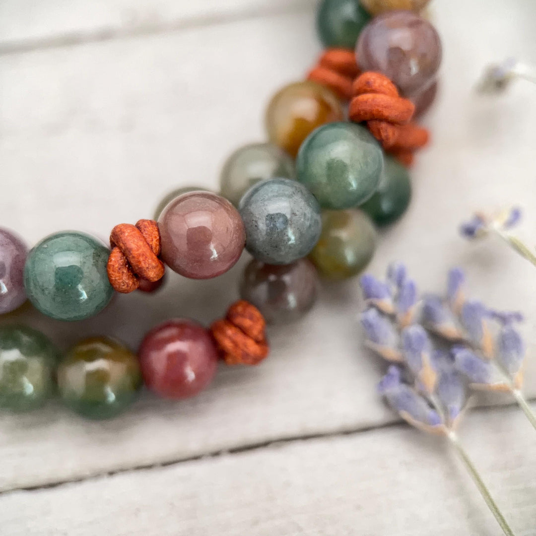 Indian Agate Bracelet | Adjustable Gemstone, Rustic Brown Leather Jewelry for Men or Women, Natural Earth Tone Jewelry - SunlightSilver