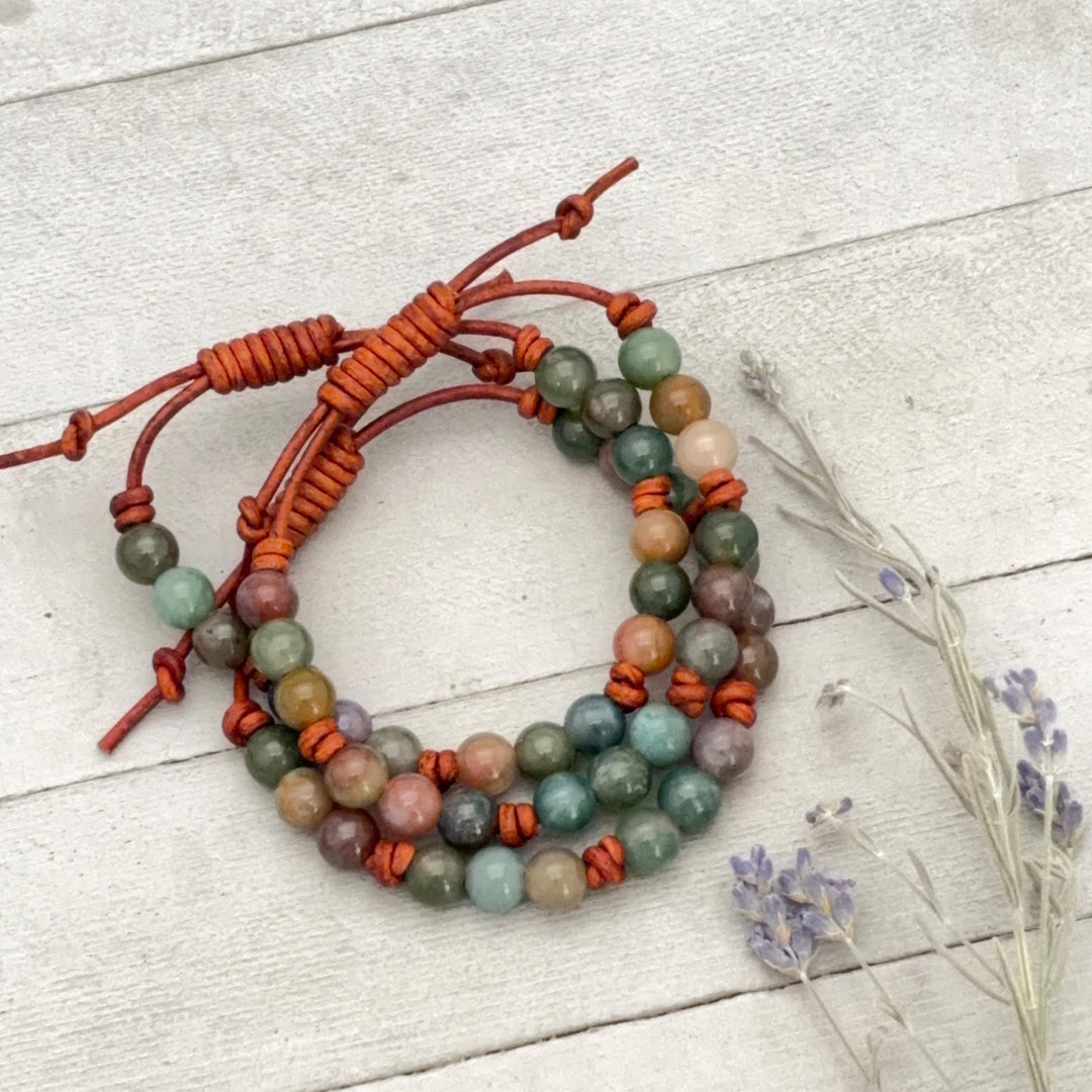 Indian Agate Bracelet | Adjustable Gemstone, Rustic Brown Leather Jewelry for Men or Women, Natural Earth Tone Jewelry - SunlightSilver