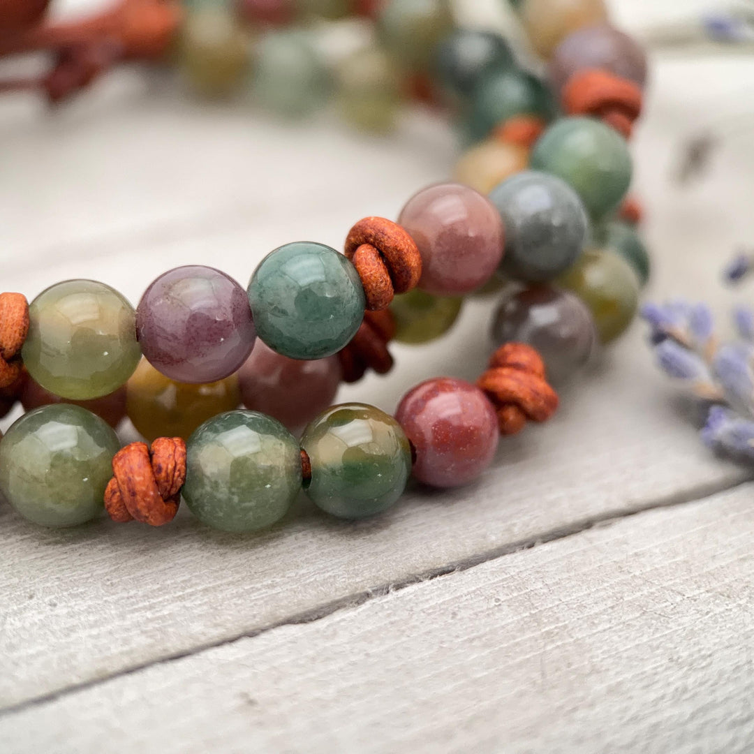 Indian Agate Bracelet | Adjustable Gemstone, Rustic Brown Leather Jewelry for Men or Women, Natural Earth Tone Jewelry - SunlightSilver