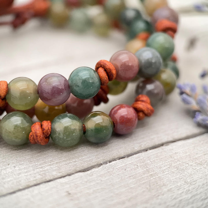 Indian Agate Bracelet | Adjustable Gemstone, Rustic Brown Leather Jewelry for Men or Women, Natural Earth Tone Jewelry - SunlightSilver