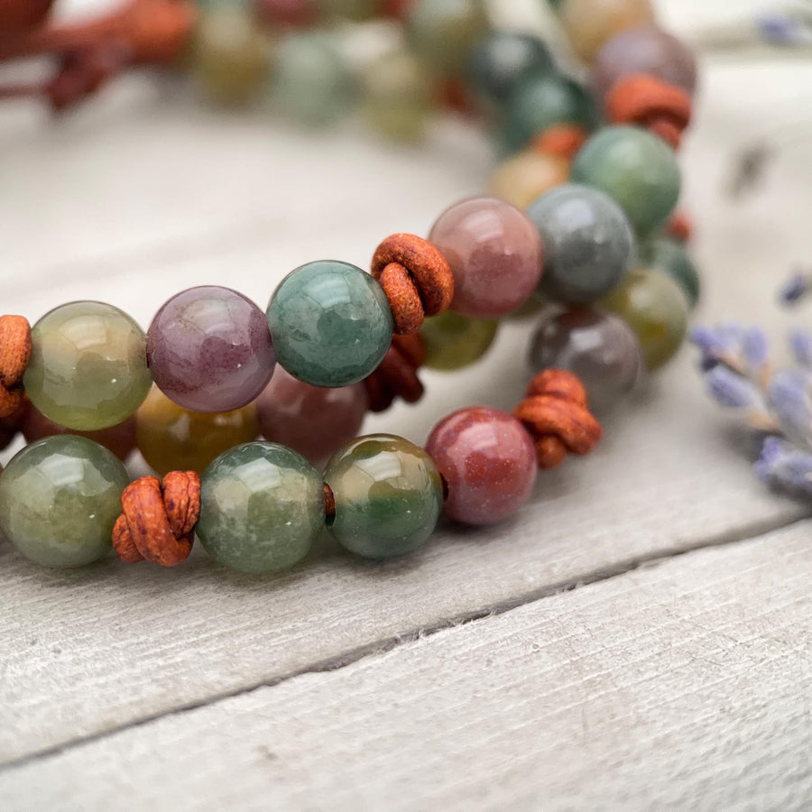 Indian Agate Bracelet | Adjustable Gemstone, Rustic Brown Leather Jewelry for Men or Women, Natural Earth Tone Jewelry - SunlightSilver