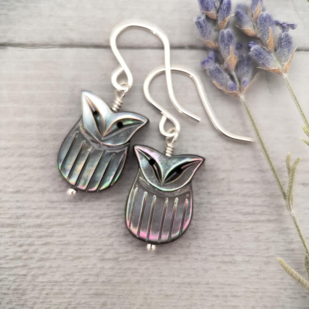 Owl Earrings, Black Lip Oyster Shell & Sterling Silver Dangles, Whimsigoth Jewelry, Iridescent Gothic Nature Jewelry - SunlightSilver