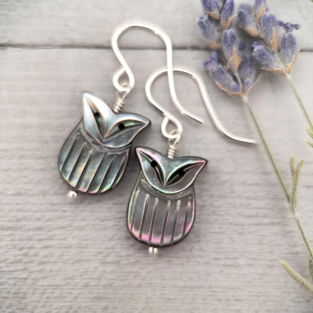 Owl Earrings, Black Lip Oyster Shell & Sterling Silver Dangles, Whimsigoth Jewelry, Iridescent Gothic Nature Jewelry - SunlightSilver