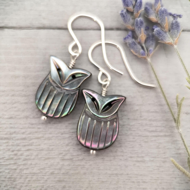 Owl Earrings, Black Lip Oyster Shell & Sterling Silver Dangles, Whimsigoth Jewelry, Iridescent Gothic Nature Jewelry - SunlightSilver
