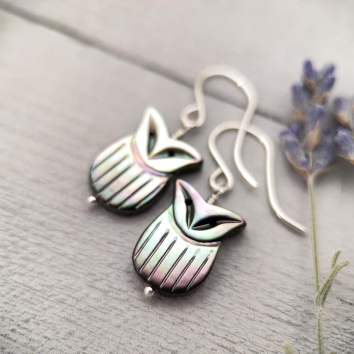 Owl Earrings, Black Lip Oyster Shell & Sterling Silver Dangles, Whimsigoth Jewelry, Iridescent Gothic Nature Jewelry - SunlightSilver