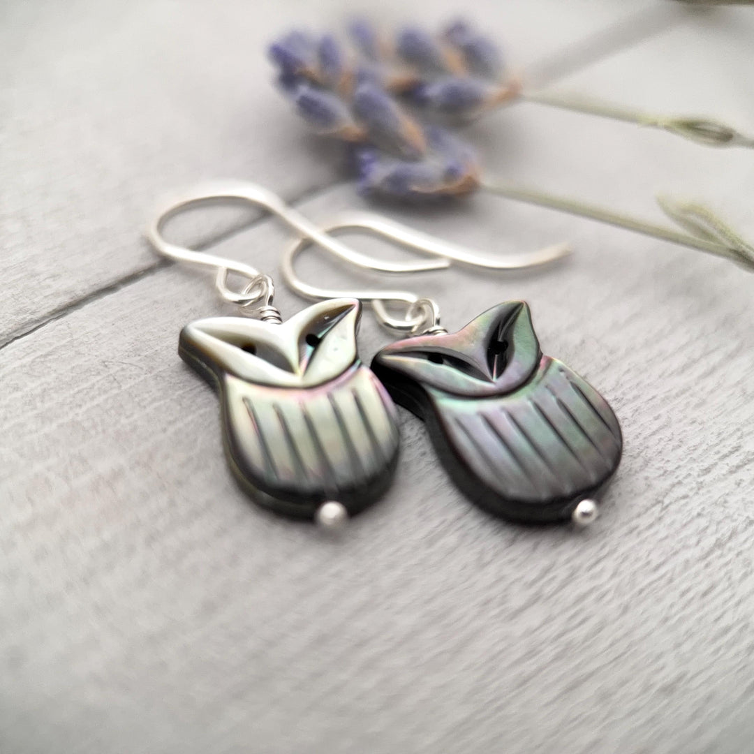 Owl Earrings, Black Lip Oyster Shell & Sterling Silver Dangles, Whimsigoth Jewelry, Iridescent Gothic Nature Jewelry - SunlightSilver
