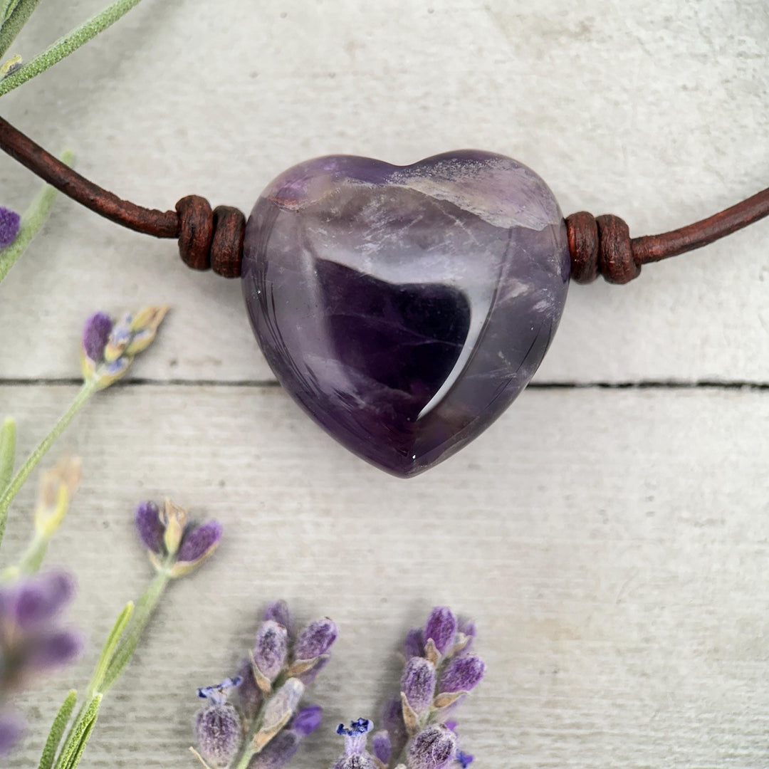 Large Amethyst Pendant Necklace – Purple Gemstone Crystal on Rustic Leather – February Birthstone - LAST ONES - SunlightSilver