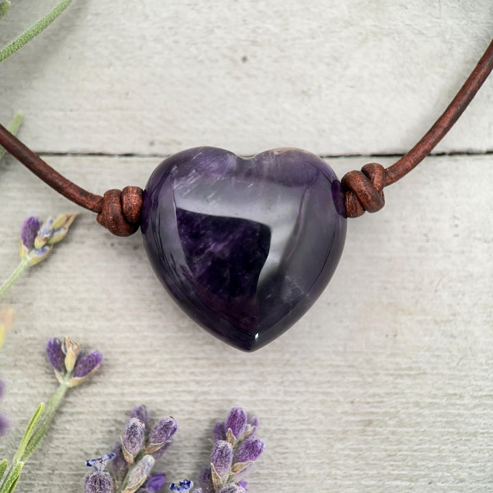 Large Amethyst Pendant Necklace – Purple Gemstone Crystal on Rustic Leather – February Birthstone - LAST ONES - SunlightSilver